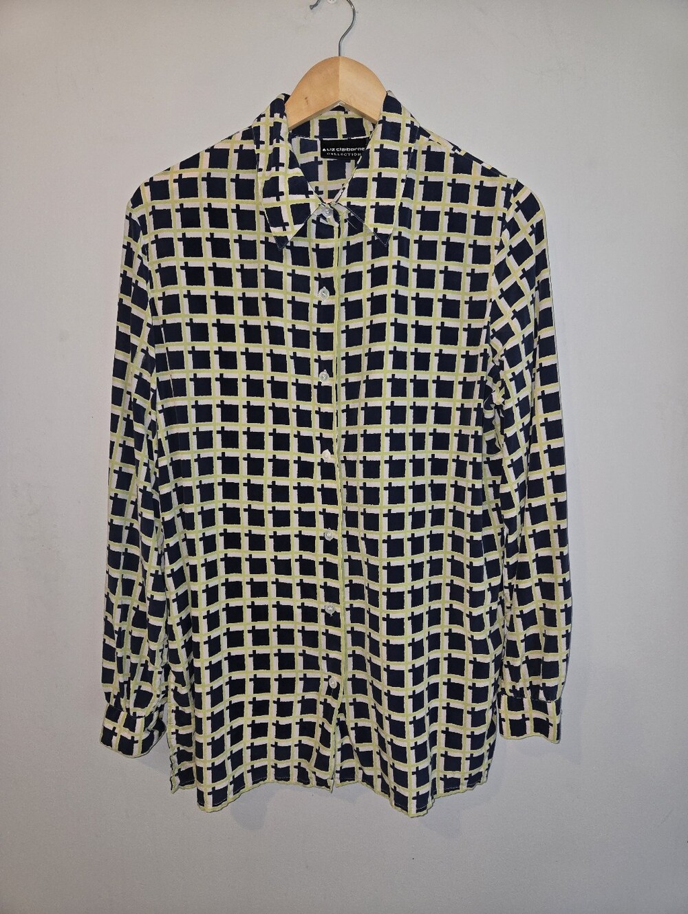100% Silk Vintage Liz Claiborne Blouse Blue Green Geometric Button Down Sz 12